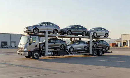 Car transporter loaded with vehicles in Cold Springs, Nevada, United States