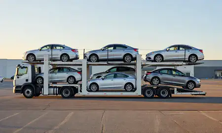 Car transporter parked in an industrial area of Dayton, Nevada, United States
