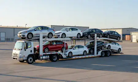 Car transporter loaded with vehicles in Dayton, Nevada, United States