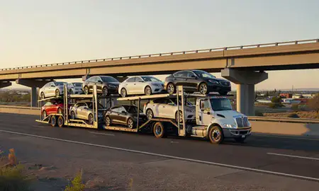 Car transporter with the Dayton, Nevada, United States skyline behind it