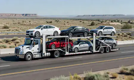 Multi-level car carrier on the highway to Elko, Nevada, United States