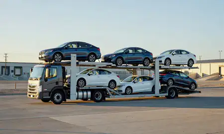 Car transporter loaded with vehicles in Elko, Nevada, United States