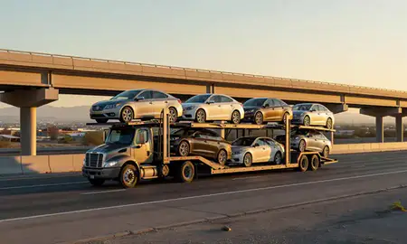Car transporter with the Elko, Nevada, United States skyline behind it