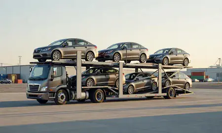 Car transporter loaded with vehicles in Enterprise, Nevada, United States