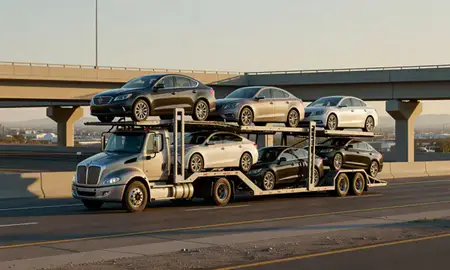 Car transporter with the Enterprise, Nevada, United States skyline behind it