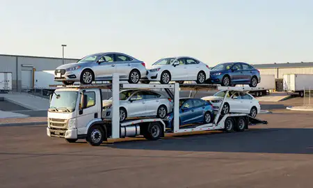Car transporter loaded with vehicles in Fallon, Nevada, United States
