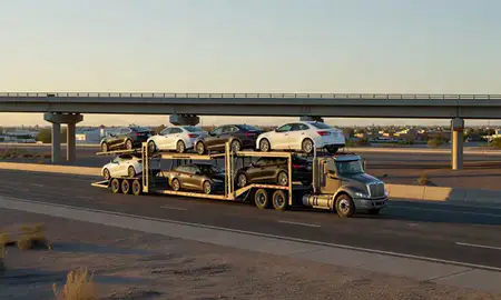 Car transporter with the Fallon, Nevada, United States skyline behind it
