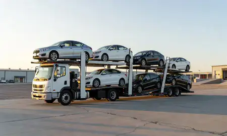 Car transporter loaded with vehicles in Fernley, Nevada, United States