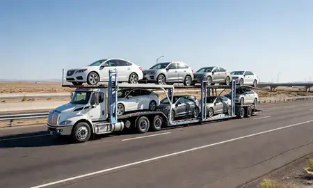 Multi-level car carrier on the highway to Gardnerville Ranchos, Nevada, United States