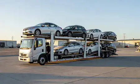 Car transporter loaded with vehicles in Gardnerville Ranchos, Nevada, United States