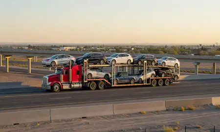 Car transporter with the Gardnerville Ranchos, Nevada, United States skyline behind it