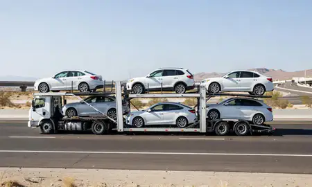 Multi-level car carrier on the highway to Henderson, Nevada, United States