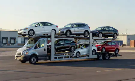 Car transporter loaded with vehicles in Henderson, Nevada, United States