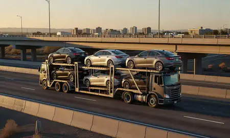 Car transporter with the Henderson, Nevada, United States skyline behind it