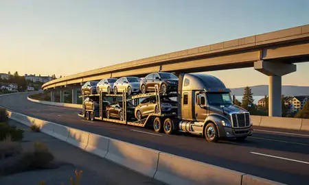 Car transporter with the Incline Village, Nevada, United States skyline behind it