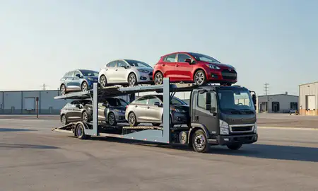 Car transporter loaded with vehicles in Johnson Lane, Nevada, United States