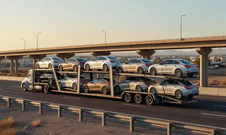 Car transporter with the Johnson Lane, Nevada, United States skyline behind it