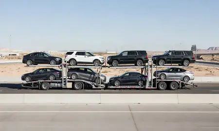 Multi-level car carrier on the highway to Las Vegas, Nevada, United States