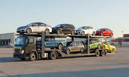Car transporter loaded with vehicles in Las Vegas, Nevada, United States