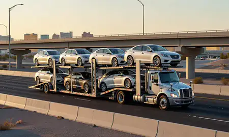 Car transporter with the Las Vegas, Nevada, United States skyline behind it