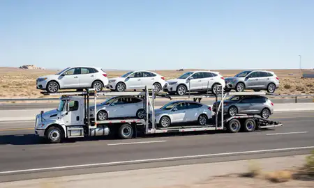 Multi-level car carrier on the highway to Laughlin, Nevada, United States