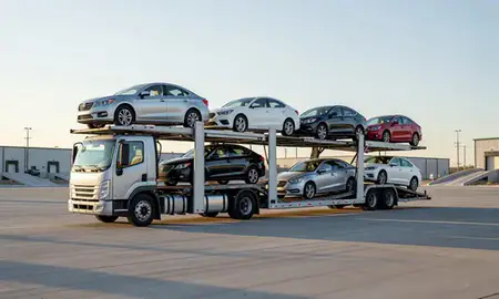 Car transporter loaded with vehicles in Laughlin, Nevada, United States