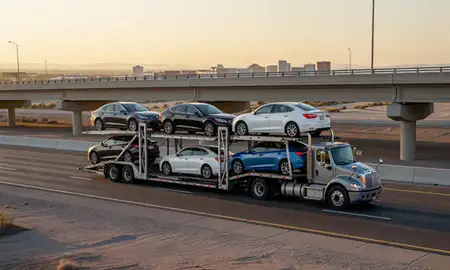 Car transporter with the Laughlin, Nevada, United States skyline behind it