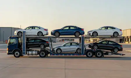 Car transporter parked in an industrial area of Mesquite, Nevada, United States