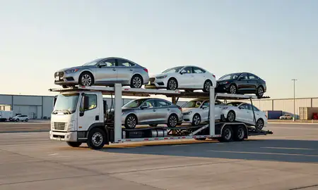 Car transporter loaded with vehicles in Mesquite, Nevada, United States