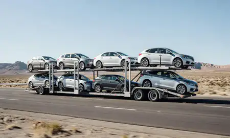 Multi-level car carrier on the highway to Moapa Valley, Nevada, United States