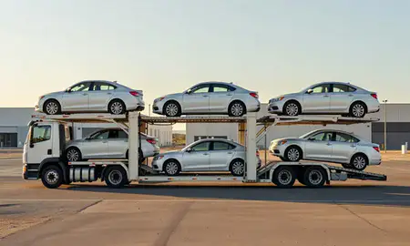 Car transporter parked in an industrial area of Moapa Valley, Nevada, United States