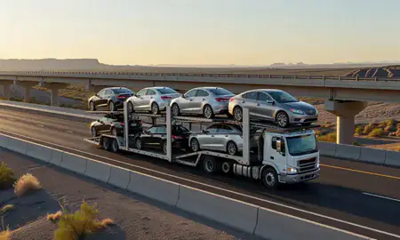 Car transporter with the Moapa Valley, Nevada, United States skyline behind it