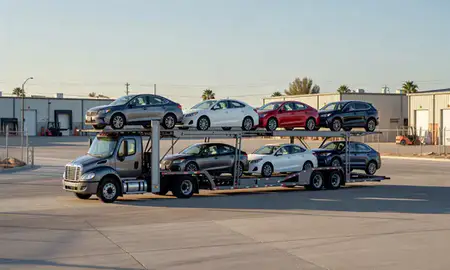 Car transporter loaded with vehicles in North Las Vegas, Nevada, United States