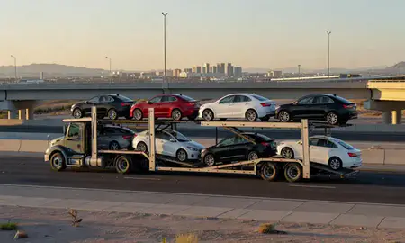 Car transporter with the North Las Vegas, Nevada, United States skyline behind it