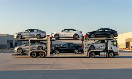 Car transporter parked in an industrial area of Pahrump, Nevada, United States