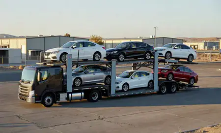 Car transporter loaded with vehicles in Pahrump, Nevada, United States