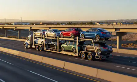 Car transporter with the Pahrump, Nevada, United States skyline behind it