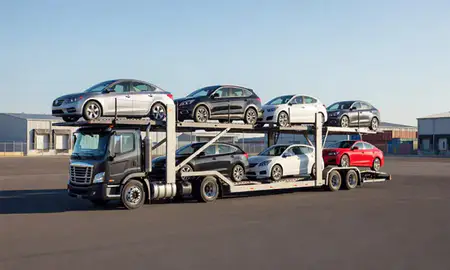 Car transporter loaded with vehicles in Paradise, Nevada, United States