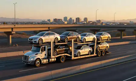 Car transporter with the Paradise, Nevada, United States skyline behind it