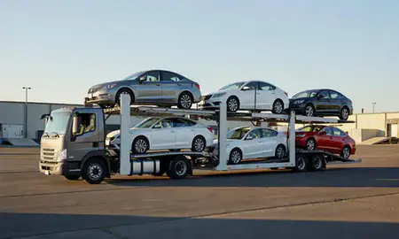 Car transporter loaded with vehicles in Reno, Nevada, United States