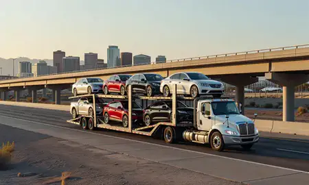 Car transporter with the Reno, Nevada, United States skyline behind it