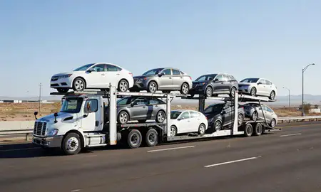 Multi-level car carrier on the highway to Spanish Springs, Nevada, United States