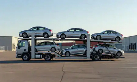 Car transporter loaded with vehicles in Sparks, Nevada, United States