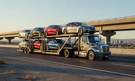 Car transporter with the Sparks, Nevada, United States skyline behind it