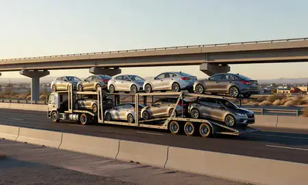 Car transporter with the Spring Creek, Nevada, United States skyline behind it