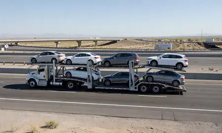 Multi-level car carrier on the highway to Spring Valley, Nevada, United States