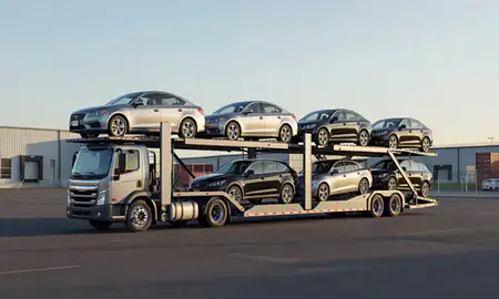 Car transporter loaded with vehicles in Spring Valley, Nevada, United States