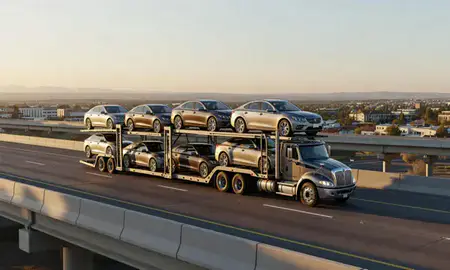 Car transporter with the Spring Valley, Nevada, United States skyline behind it