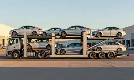 Car transporter parked in an industrial area of Summerlin South, Nevada, United States