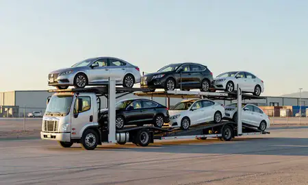 Car transporter loaded with vehicles in Summerlin South, Nevada, United States